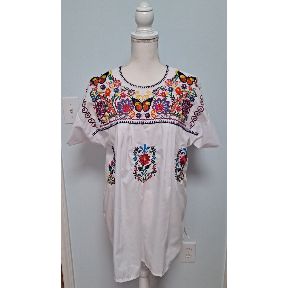 Peasant Hand Embroidered Mexican Puebla Blouse Top XL Javier Clothing White